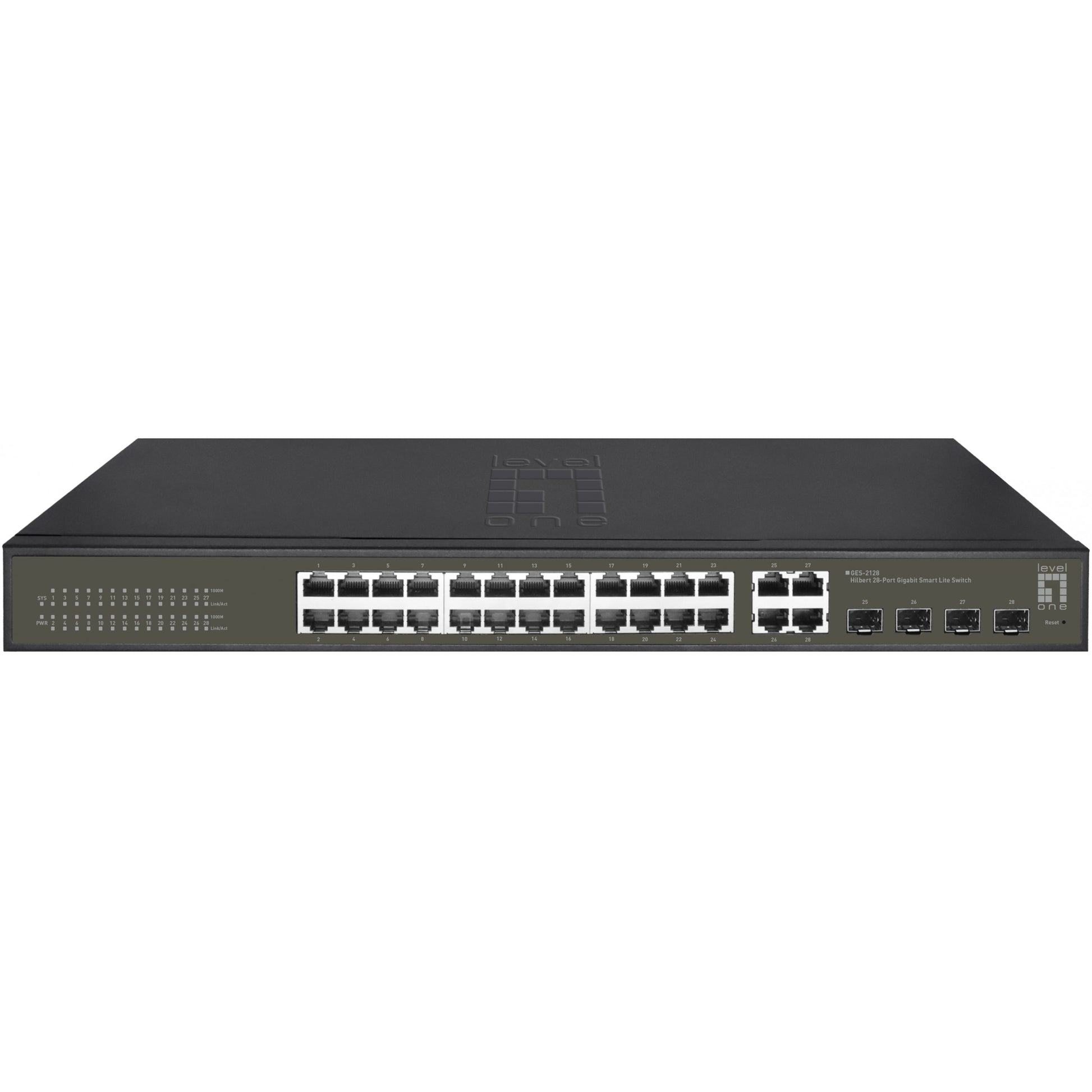 LevelOne Hilbert 28-portni gigabitni Smart Lite prekidač. 24 x Gigabit RJ45. 4 x Gigabit SFP/RJ45 combo. Upravljani. L2. Gigabit Ethernet (10/100/1000). Puni dupleks. Montaža u rack.