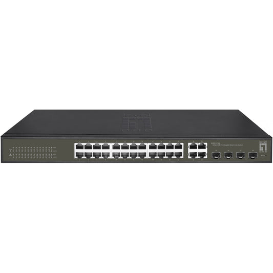 LevelOne Hilbert 28-portni gigabitni Smart Lite prekidač. 24 x Gigabit RJ45. 4 x Gigabit SFP/RJ45 combo. Upravljani. L2. Gigabit Ethernet (10/100/1000). Puni dupleks. Montaža u rack.