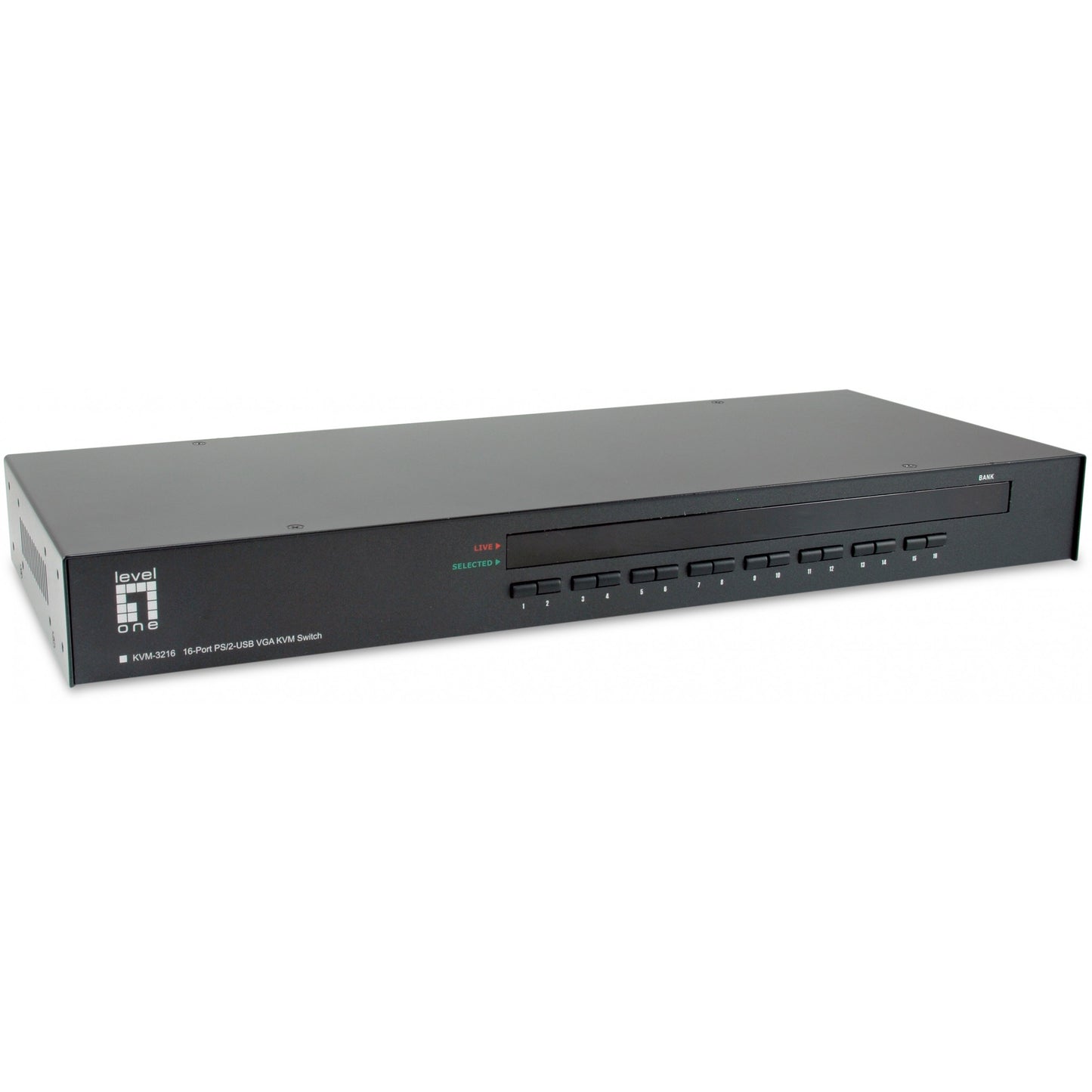 LevelOne 16-portni PS/2-USB VGA KVM prekidač. 2048 x 1536 piksela. Montaža u rack. 1U. Crna.