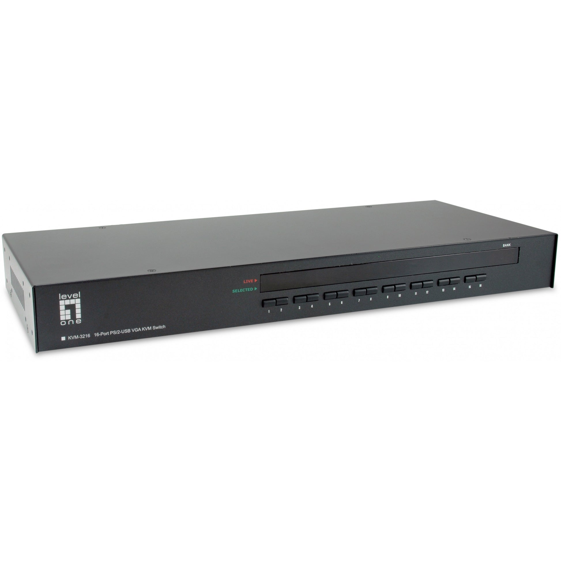 LevelOne 16-portni PS/2-USB VGA KVM prekidač. 2048 x 1536 piksela. Montaža u rack. 1U. Crna.