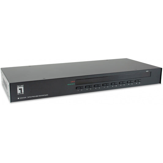 LevelOne 16-portni PS/2-USB VGA KVM prekidač. 2048 x 1536 piksela. Montaža u rack. 1U. Crna.