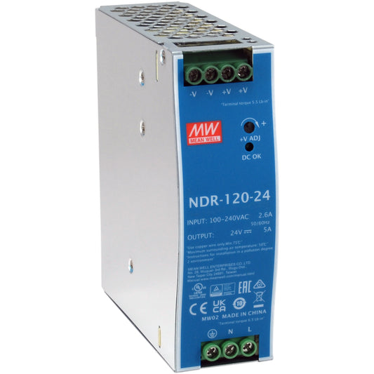 LevelOne 24V DC industrijsko napajanje. 120W. DIN šina. -20°C do +70°C. 120W. 90-264V. 47-63Hz. 2,25A. 16ms. Zaštita od preopterećenja. Zaštita od prenapona. Zaštita od kratkog spoja.
