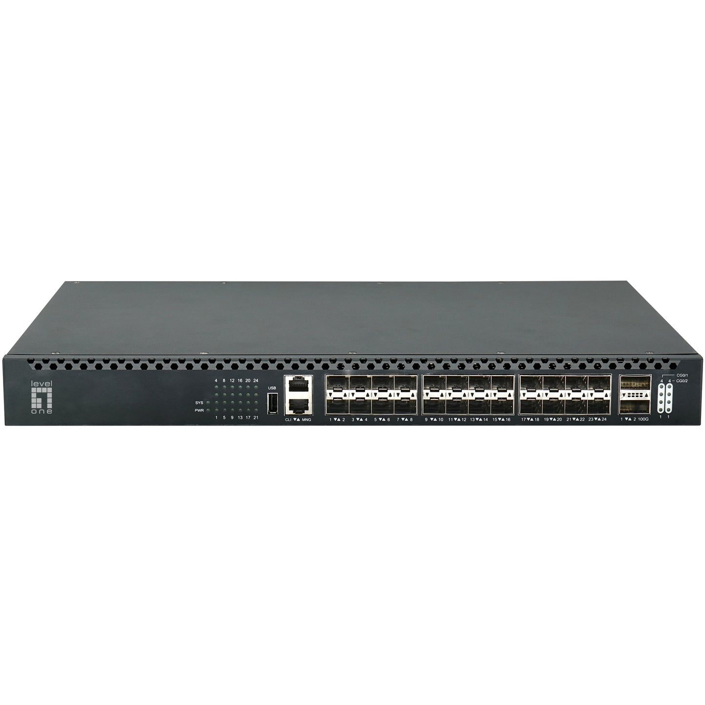 LevelOne 26-portni L3 upravljani TOR optički prekidač. 24x 1/10GbE SFP+. 2x 40/100GbE QSFP28. Redundantno napajanje sa mogućnošću zamjene tokom rada. Upravljano. L3. Montaža u rack.