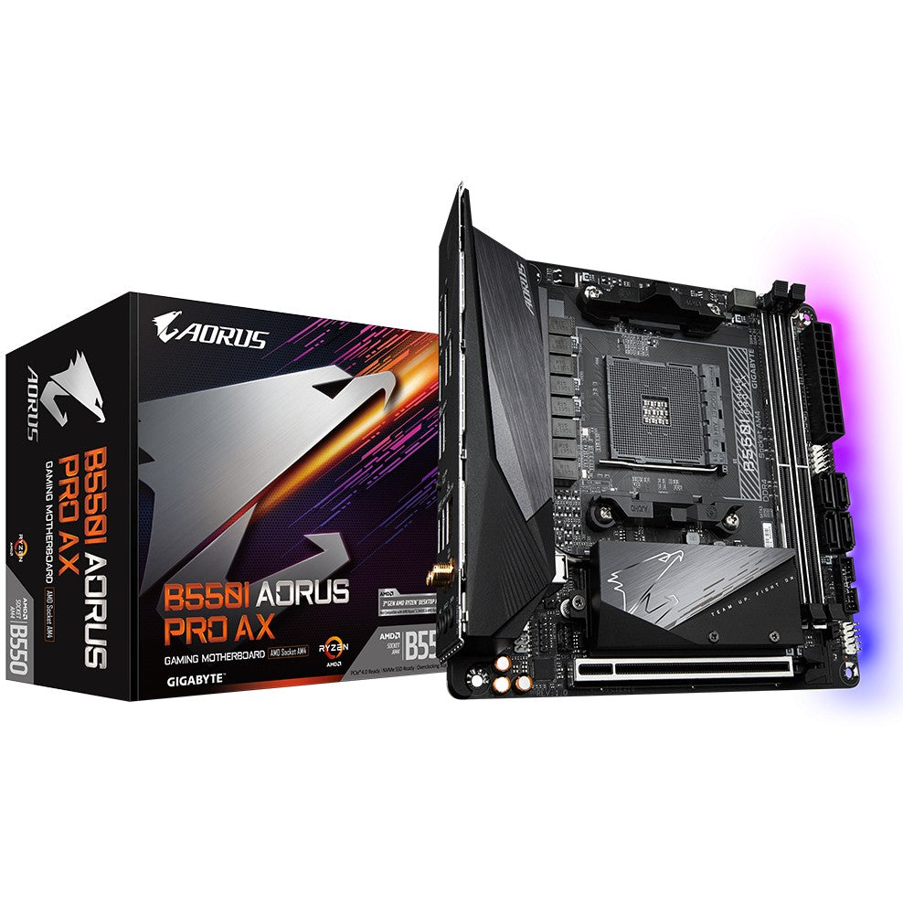 GIGABYTE B550I AORUS PRO AX matična ploča - AMD Ryzen 5000 procesori. 8-fazni VRM. do 5300 MHz DDR4. 1xPCIe 4.0 + 1xPCIe 3.0 M.2. Wi-Fi 6E. 2.5GbE LAN. USB 3.2 Gen 2. AMD. Socket AM4. AMD Ryzen 3000 serija. AMD Ryzen 5000 serija