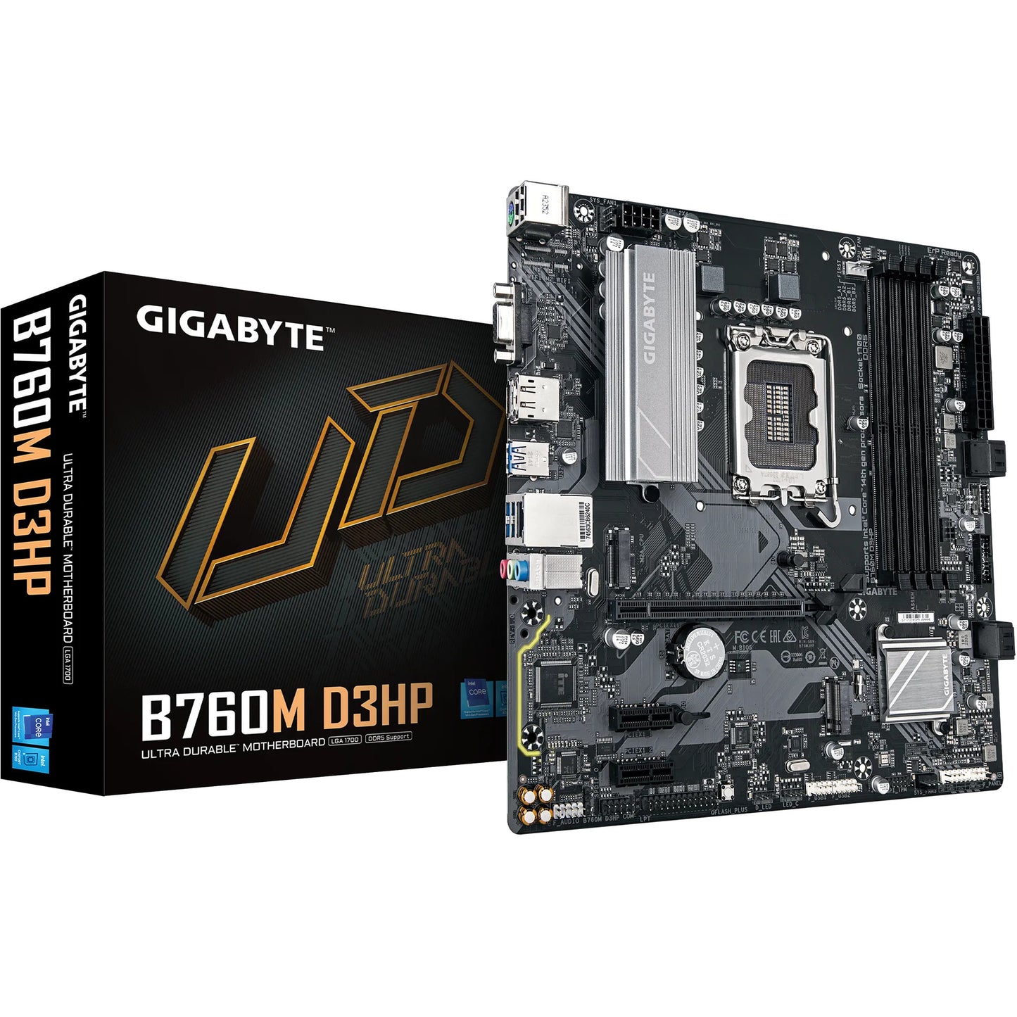 GIGABYTE B760M D3HP matična ploča - Intel Core CPU-i 14. generacije. 4+1+1 fazni VRM. do 5600MHz DDR5. 2xPCIe 4.0 M.2. GbE LAN. USB 3.2 Gen 1. Intel. LGA 1700. Intel® Celeron®. Intel Core i3 12. generacije. Intel Core i3 13. generacije. Intel Core i3 14. generacije. Intel.... LGA 1700. DDR5 SDRAM. 256GB