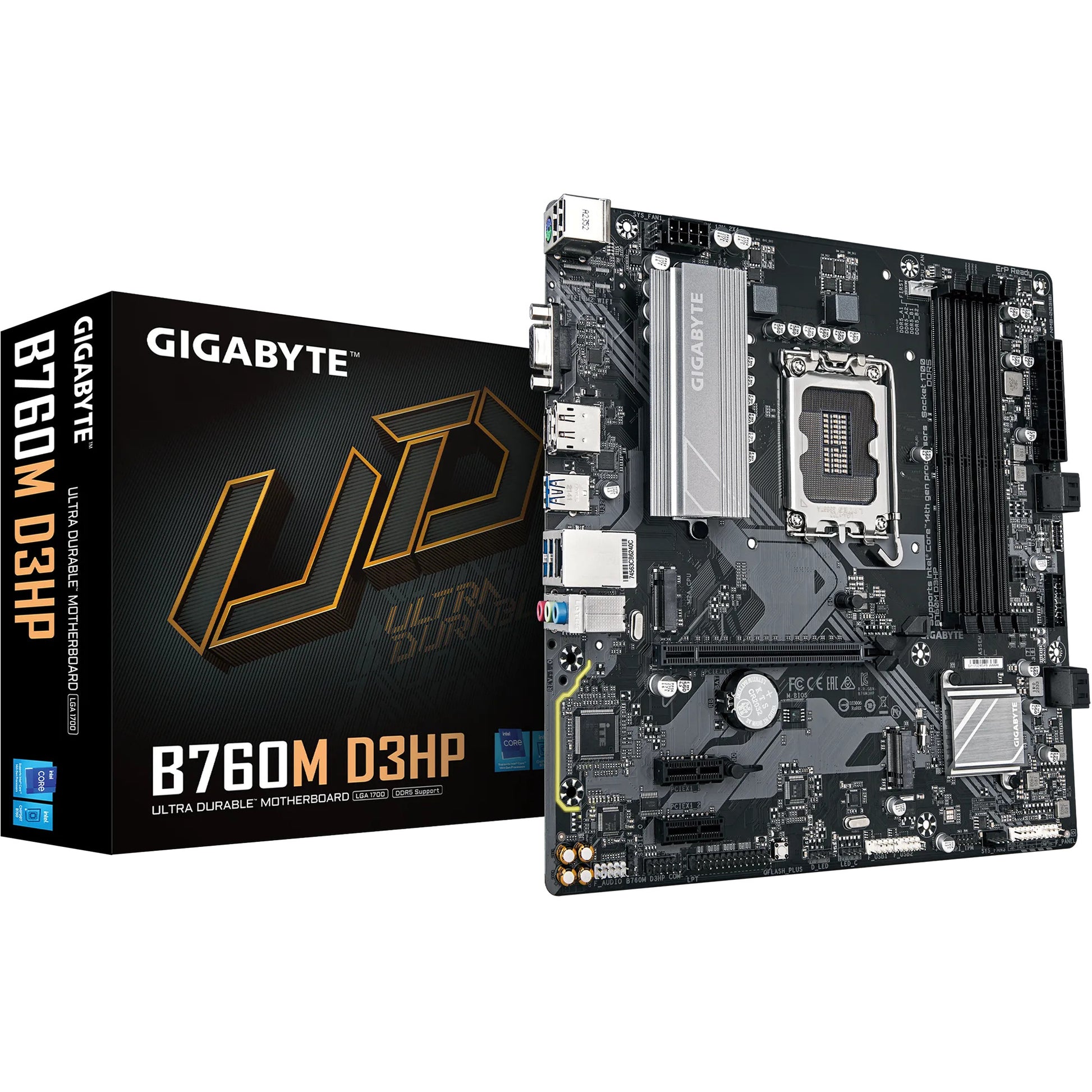 GIGABYTE B760M D3HP matična ploča - Intel Core CPU-i 14. generacije. 4+1+1 fazni VRM. do 5600MHz DDR5. 2xPCIe 4.0 M.2. GbE LAN. USB 3.2 Gen 1. Intel. LGA 1700. Intel® Celeron®. Intel Core i3 12. generacije. Intel Core i3 13. generacije. Intel Core i3 14. generacije. Intel.... LGA 1700. DDR5 SDRAM. 256GB