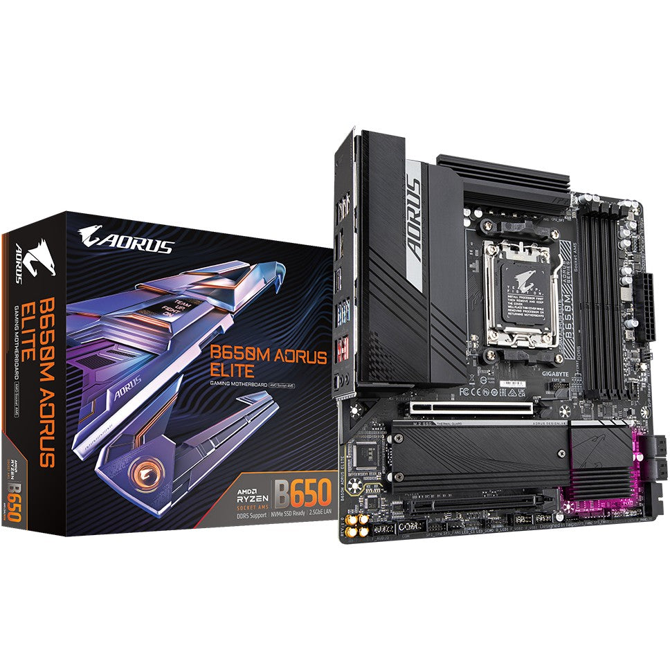GIGABYTE B650M AORUS ELITE matična ploča – Podržava AMD Ryzen 9000 procesore. 12+2+2 fazni VRM. Do 8000 MHz DDR5. 1x PCIe 5.0 + 1x PCIe 4.0 M.2. 2.5GbE LAN. USB 3.2 Gen 2x2. AMD. Podnožje AM5. AMD Ryzen 7000 serija. AMD Ryzen 8000 serija. AMD Ryzen 9000 serija. Podnožje AM5. DDR5-SDRAM. 256 GB
