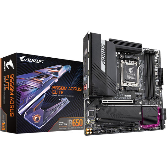 GIGABYTE B650M AORUS ELITE matična ploča – Podržava AMD Ryzen 9000 procesore. 12+2+2 fazni VRM. Do 8000 MHz DDR5. 1x PCIe 5.0 + 1x PCIe 4.0 M.2. 2.5GbE LAN. USB 3.2 Gen 2x2. AMD. Podnožje AM5. AMD Ryzen 7000 serija. AMD Ryzen 8000 serija. AMD Ryzen 9000 serija. Podnožje AM5. DDR5-SDRAM. 256 GB