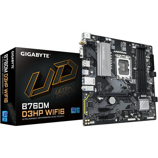 GIGABYTE B760M D3HP WIFI6 matična ploča – Podržava Intel Core procesore 14. generacije. 4+1+1 fazni digitalni VRM. Do 5600 MHz DDR5. 2x PCIe 4.0 M.2. Wi-Fi 6. GbE LAN. USB 3.2 Gen 1. Intel. LGA 1700. Intel® Celeron®. Intel Core i3 12. generacije. Intel Core i3 13. generacije. Intel Core i3 14. generacije. Intel.... LGA 1700. DDR5-SDRAM. 192 GB