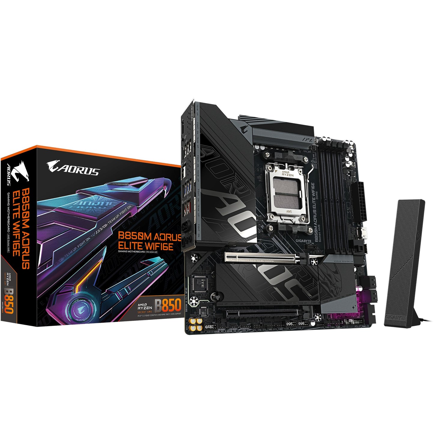 GIGABYTE B850M AORUS ELITE WIFI6E matična ploča - AMD Ryzen 9000 serija procesora. digitalni 12+2+2 fazni VRM. do 8200 MHz DDR5 (OC). 1x PCIe 5.0 + 1x PCIe 4.0 M.2. Wi-Fi 6E. 2.5 GbE LAN. USB 3.2 Gen 2. AMD. Socket AM5. AMD Ryzen 8000 serija. Socket AM5