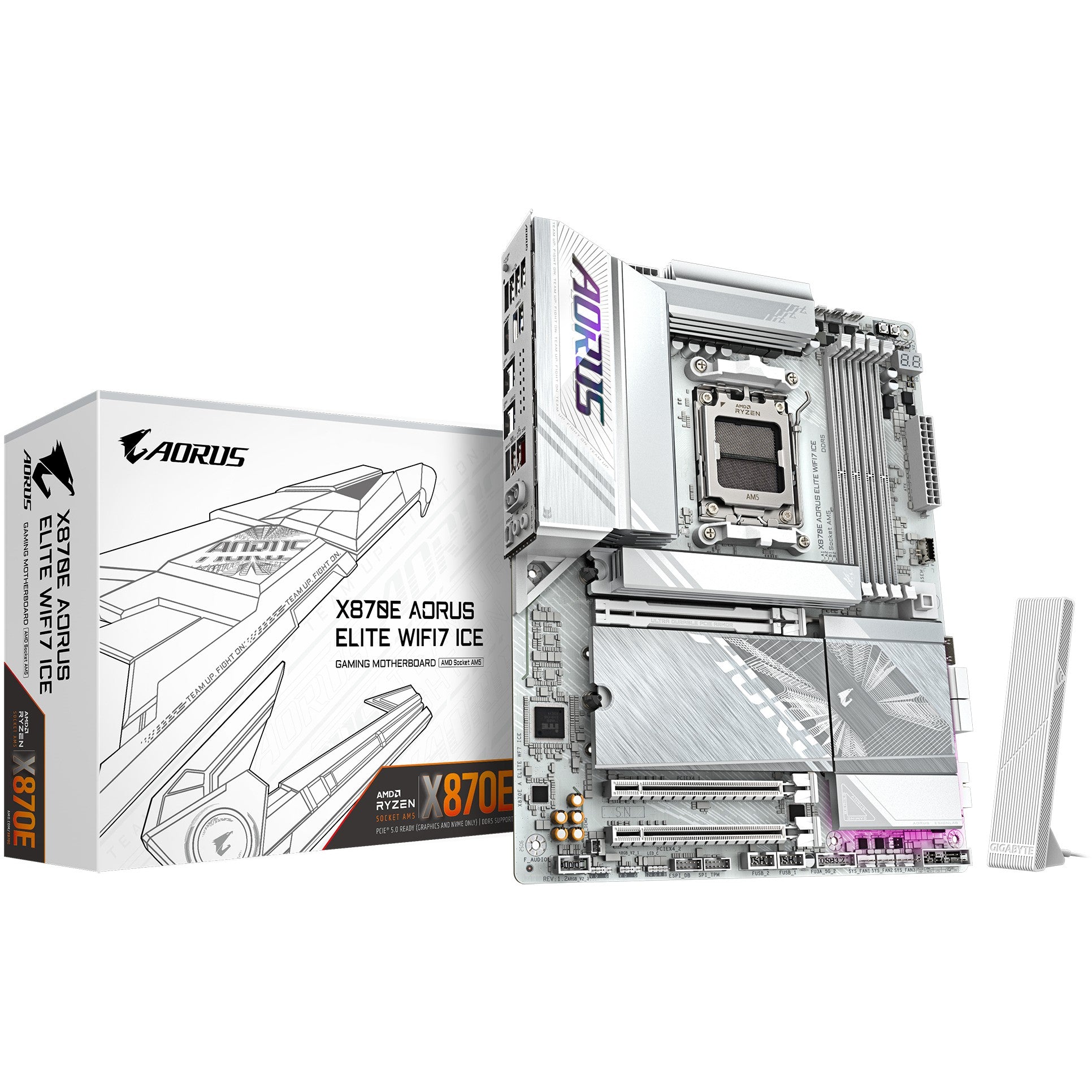 GIGABYTE X870E AORUS ELITE WIFI7 ICE matična ploča – Podržava AMD Ryzen 9000 procesore. Digitalni 16+2+2 fazni VRM. Do 8200 MHz DDR5 (OC). 3x PCIe 5.0 + 1x PCIe 4.0. Wi-Fi 7. 2.5 GbE LAN. USB 4. AMD. Podnožje AM5. AMD Ryzen 7000 serija. AMD Ryzen 8000 serija. AMD Ryzen 9000 serija. Podnožje AM5. DDR5 SDRAM. 256 GB