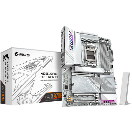 GIGABYTE X870E AORUS ELITE WIFI7 ICE matična ploča – Podržava AMD Ryzen 9000 procesore. Digitalni 16+2+2 fazni VRM. Do 8200 MHz DDR5 (OC). 3x PCIe 5.0 + 1x PCIe 4.0. Wi-Fi 7. 2.5 GbE LAN. USB 4. AMD. Podnožje AM5. AMD Ryzen 7000 serija. AMD Ryzen 8000 serija. AMD Ryzen 9000 serija. Podnožje AM5. DDR5 SDRAM. 256 GB
