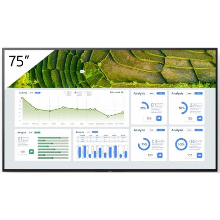 Sony FW-75BZ30L. Ravni ekran za digitalnu signalizaciju. 190,5 cm (75"). LCD. 3840 x 2160 piksela. Wi-Fi. 24/7