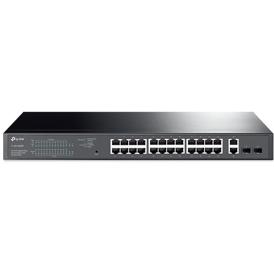 TP-Link 28-portni gigabitni Easy Smart prekidač sa 24 PoE+ porta. Upravljani. L2. Gigabit Ethernet (10/100/1000). Napajanje preko Etherneta (PoE). Montaža u rack. 1U