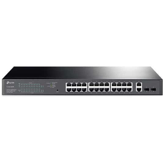 TP-Link 28-portni gigabitni Easy Smart prekidač sa 24 PoE+ porta. Upravljani. L2. Gigabit Ethernet (10/100/1000). Napajanje preko Etherneta (PoE). Montaža u rack. 1U