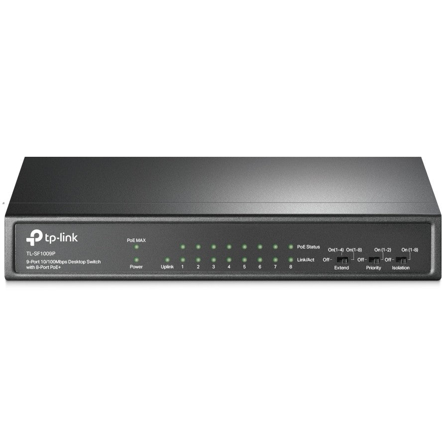 TP-Link 9-portni 10/100Mbps desktop switch sa 8 PoE+ portova. Neupravljan. Brzi Ethernet (10/100). Puni dupleks. Napajanje preko Etherneta (PoE). Montaža na zid