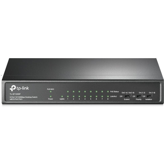 TP-Link 9-portni 10/100Mbps desktop switch sa 8 PoE+ portova. Neupravljan. Brzi Ethernet (10/100). Puni dupleks. Napajanje preko Etherneta (PoE). Montaža na zid