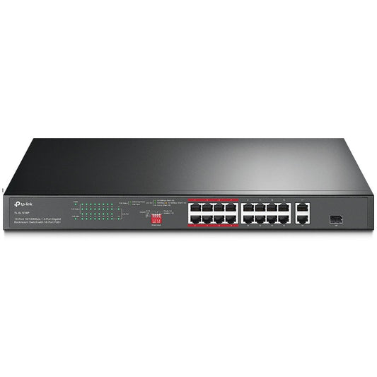 TP-Link 16-portni 10/100 Mbps + 2-portni gigabitni rackmount switch sa 16 PoE+ portova. Neupravljan. Gigabit Ethernet (10/100/1000). Napajanje preko Etherneta (PoE). Rack instalacija. 1U