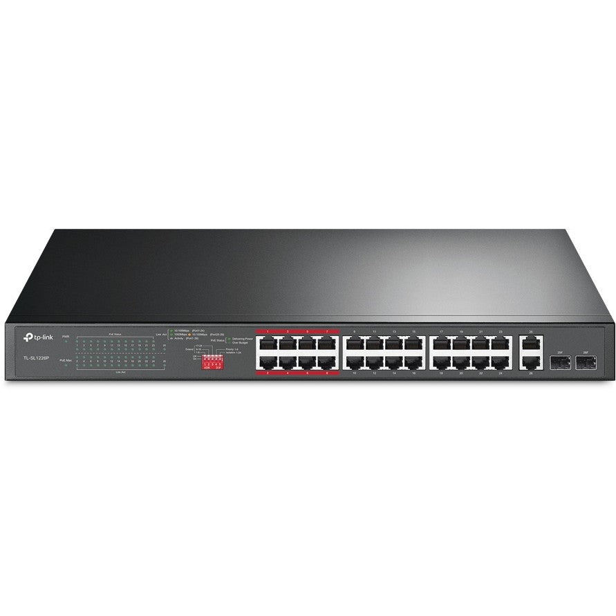 TP-Link 24-portni 10/100Mbps + 2-portni gigabitni neupravljani PoE+ switch. Neupravljan. Gigabit Ethernet (10/100/1000). Napajanje preko Etherneta (PoE). Montaža u rack. 1U