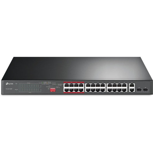 TP-Link 24-portni 10/100Mbps + 2-portni gigabitni neupravljani PoE+ switch. Neupravljan. Gigabit Ethernet (10/100/1000). Napajanje preko Etherneta (PoE). Montaža u rack. 1U