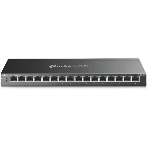 TP Link TL-SG116P. Neupravljani. Gigabit Ethernet (10/100/1000). Puni dupleks. Napajanje preko Etherneta (PoE). Montaža na zid