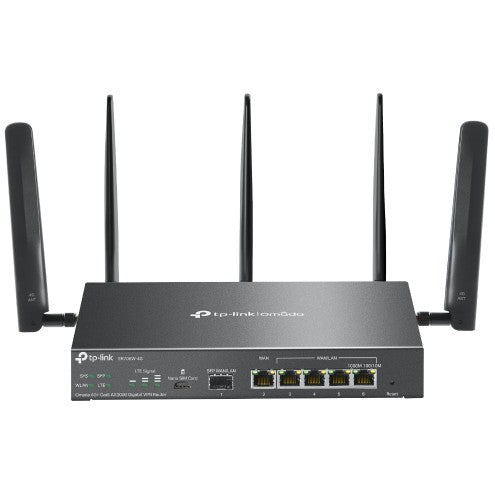 TP-Link Omada ER706W-4G. Wi-Fi 6 (802.11ax). Dvofrekventni (2.4 GHz/5 GHz). Ethernet/LAN. 4G. Crni. Desktop/stubeni ruter.