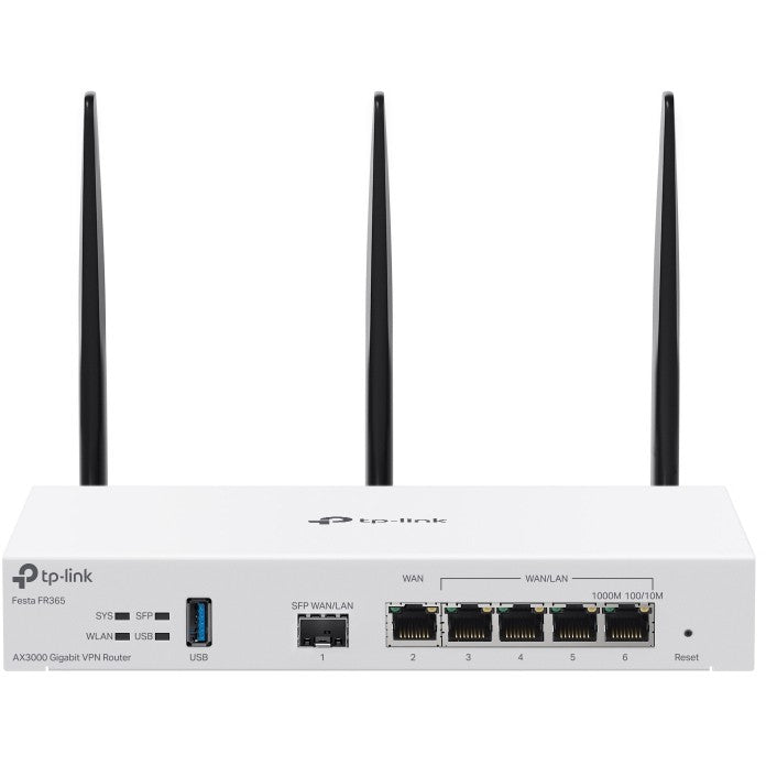TP Link FESTA FR365. Wi-Fi 6 (802.11ax). Dvofrekventni (2.4GHz + 5GHz ili 2.4GHz + 6GHz). Ethernet/LAN. Bijela. Stolni ruter.
