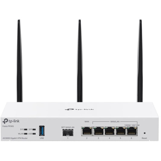 TP Link FESTA FR365. Wi-Fi 6 (802.11ax). Dvofrekventni (2.4GHz + 5GHz ili 2.4GHz + 6GHz). Ethernet/LAN. Bijela. Stolni ruter.