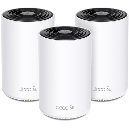 TP-Link AXE5400 Tri-Band Mesh Wi-Fi 6E sistem. Pakovanje od 3. Bijeli. Unutrašnji. 670 m². Tri-band (2.4GHz/5GHz/6GHz). Wi-Fi 6E (802.11ax). 802.11a. 802.11b. 802.11g. Wi-Fi 4 (802.11n). Wi-Fi 5 (802.11ac). Wi-Fi 6 (802.11ax). Wi-Fi 6E...
