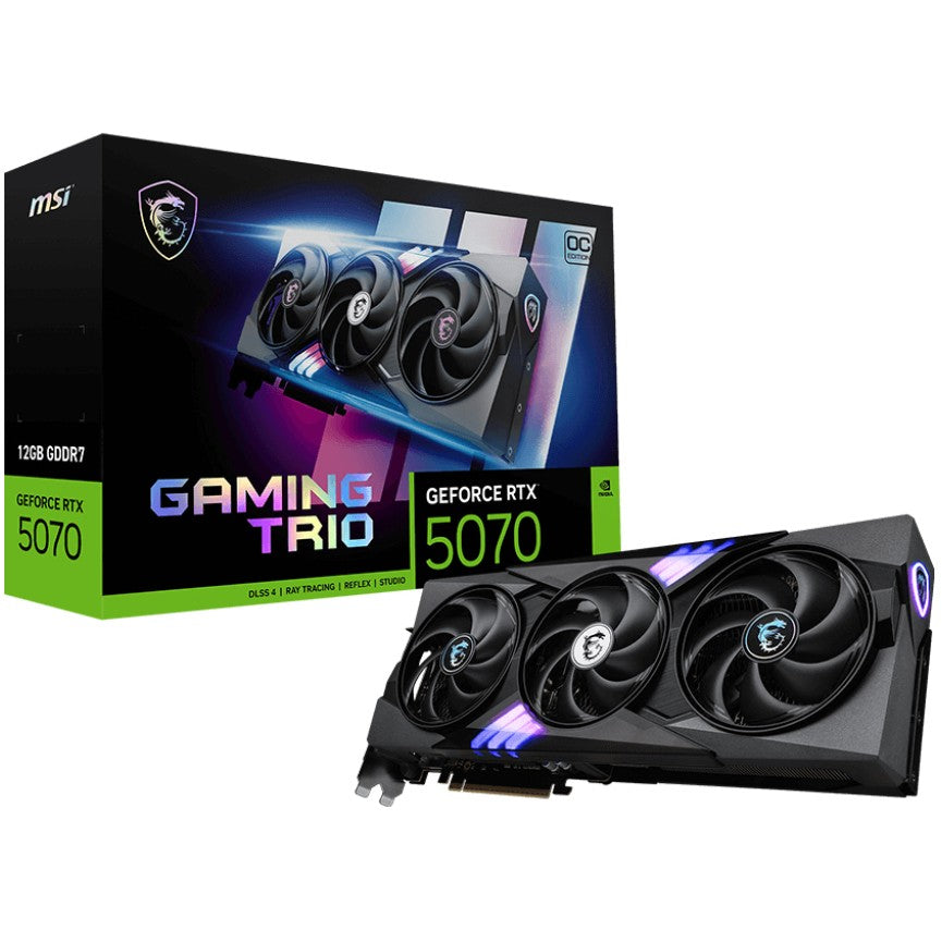 MSI GAMING GeForce RTX 5070 12G TRIO OC. GeForce RTX 5070. 12GB. GDDR7. 192 bita. 7680 x 4320 piksela. PCI Express 5.0