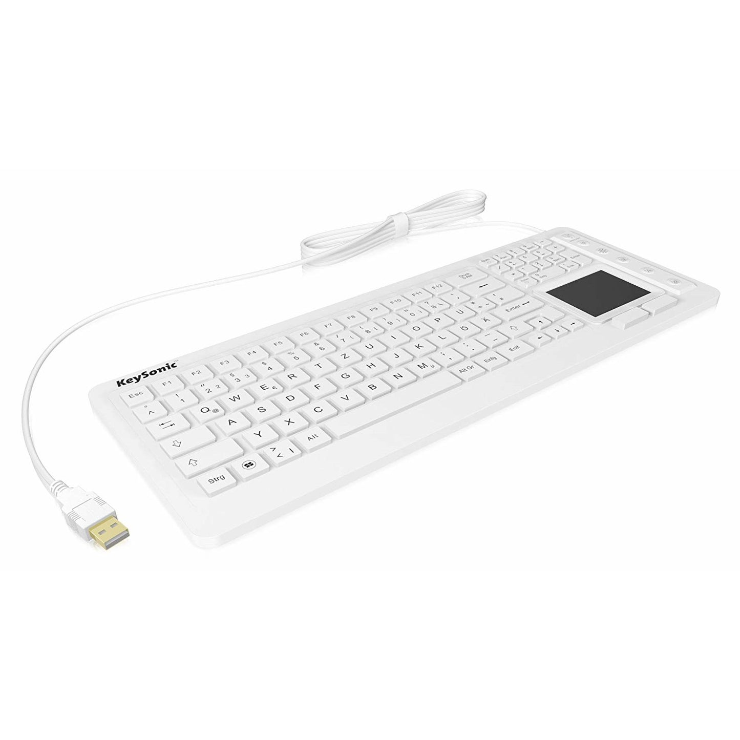 KeySonic KSK-6231 INEL (DE) Higijenska tastatura. Industrijska tastatura. Pozadinsko osvjetljenje. Touchpad. Bijela. 2 dugmeta miša. USB. Vodootporna IP68. Puna veličina (100%). Žični priključak. USB. Membranski prekidač. QWERTZ. Bijela