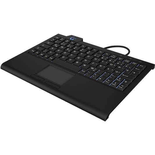 KeySonic KSK-3210ELU (DE). Super-mini tastatura. Pozadinsko osvjetljenje. Touchpad. Crna. Žičan. USB. Membranski prekidači. QWERTZ. LED. Crna.