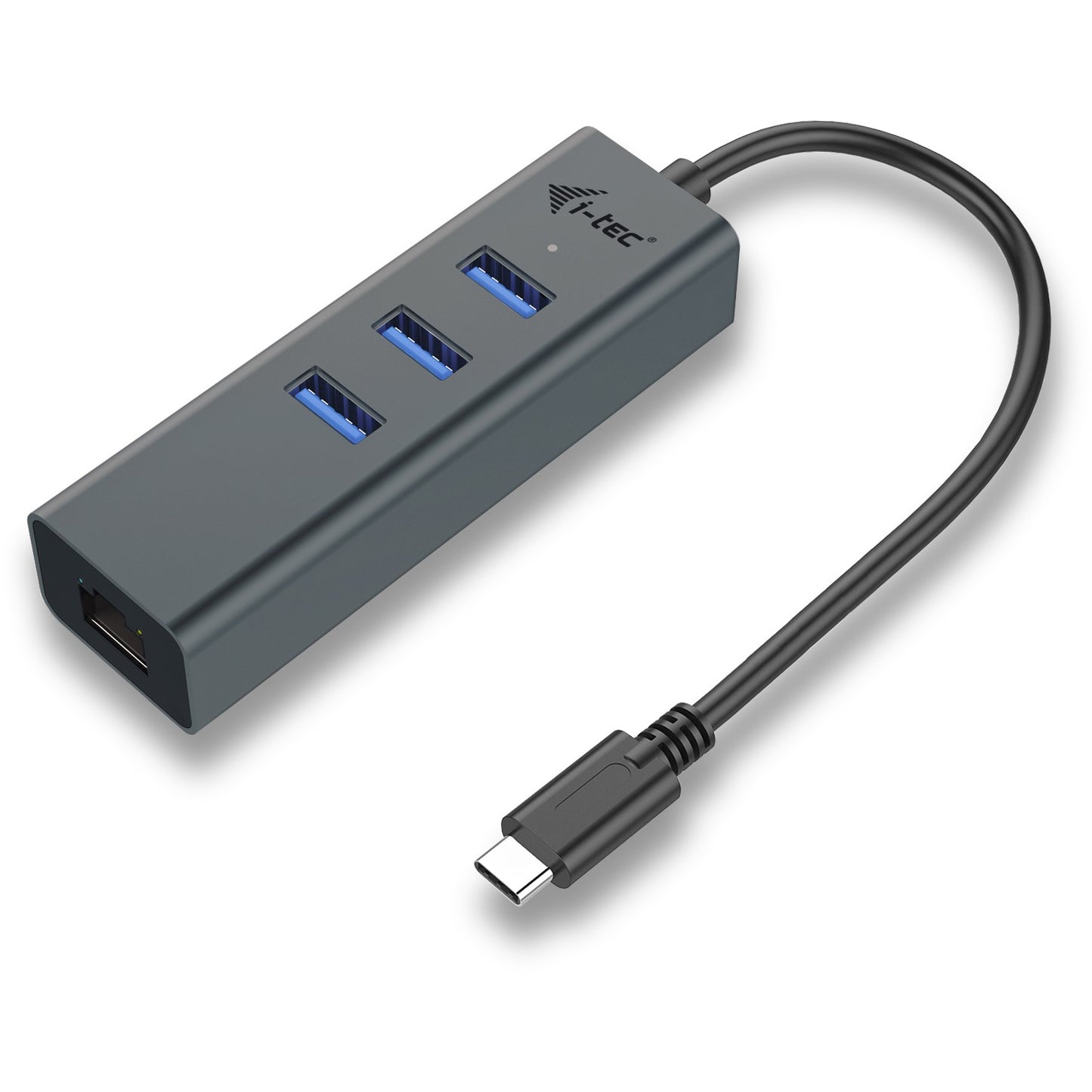 i-tec Metal USB-C HUB 3 porta + Gigabit Ethernet adapter. Siva. LAN. Realtek 0411. Realtek 8153. 96mm. 30mm. 21mm
