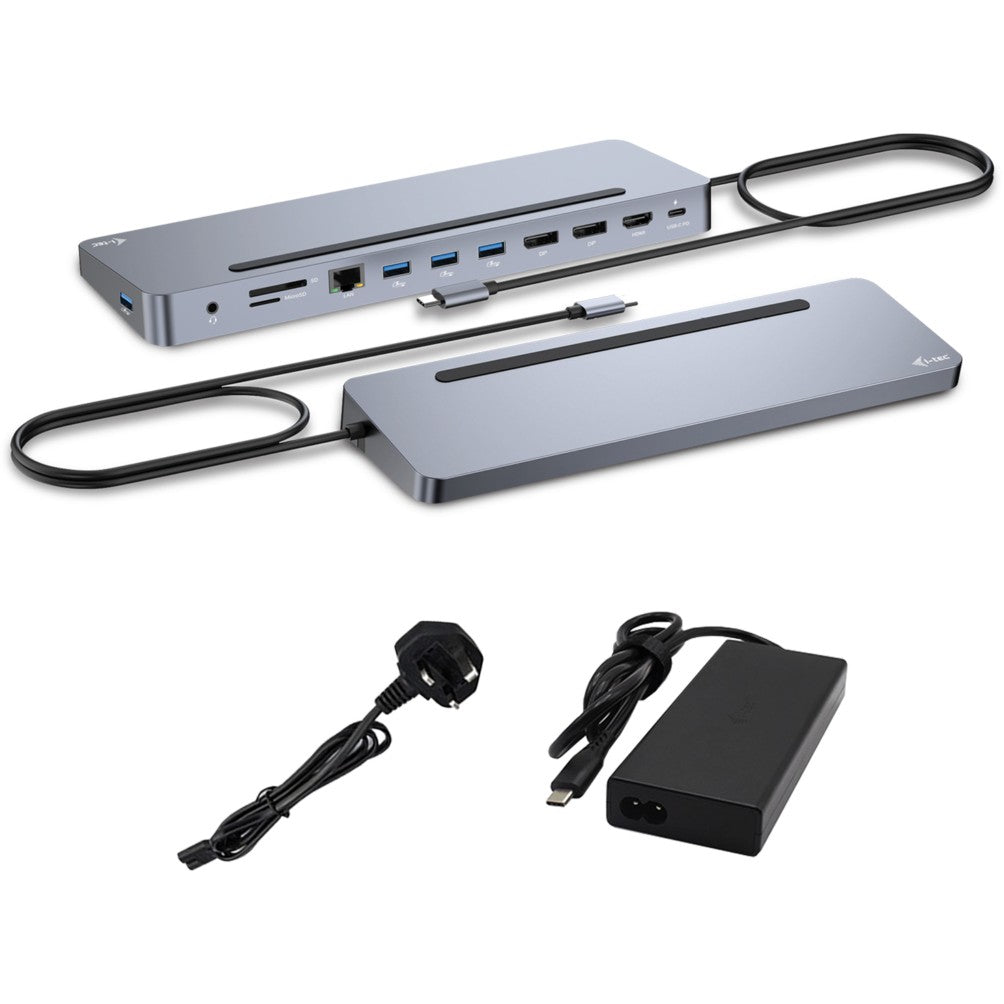 i-tec USB-C metalna ergonomska priključna stanica za 3K ekrana sa napajanjem od 100 W + univerzalni punjac od 100 W. Žičana. USB 3.2 Gen 1 (3.1 Gen 1) Type-C. 100 W. 3,5 mm. 10,100,1000 Mbps. Srebrna.