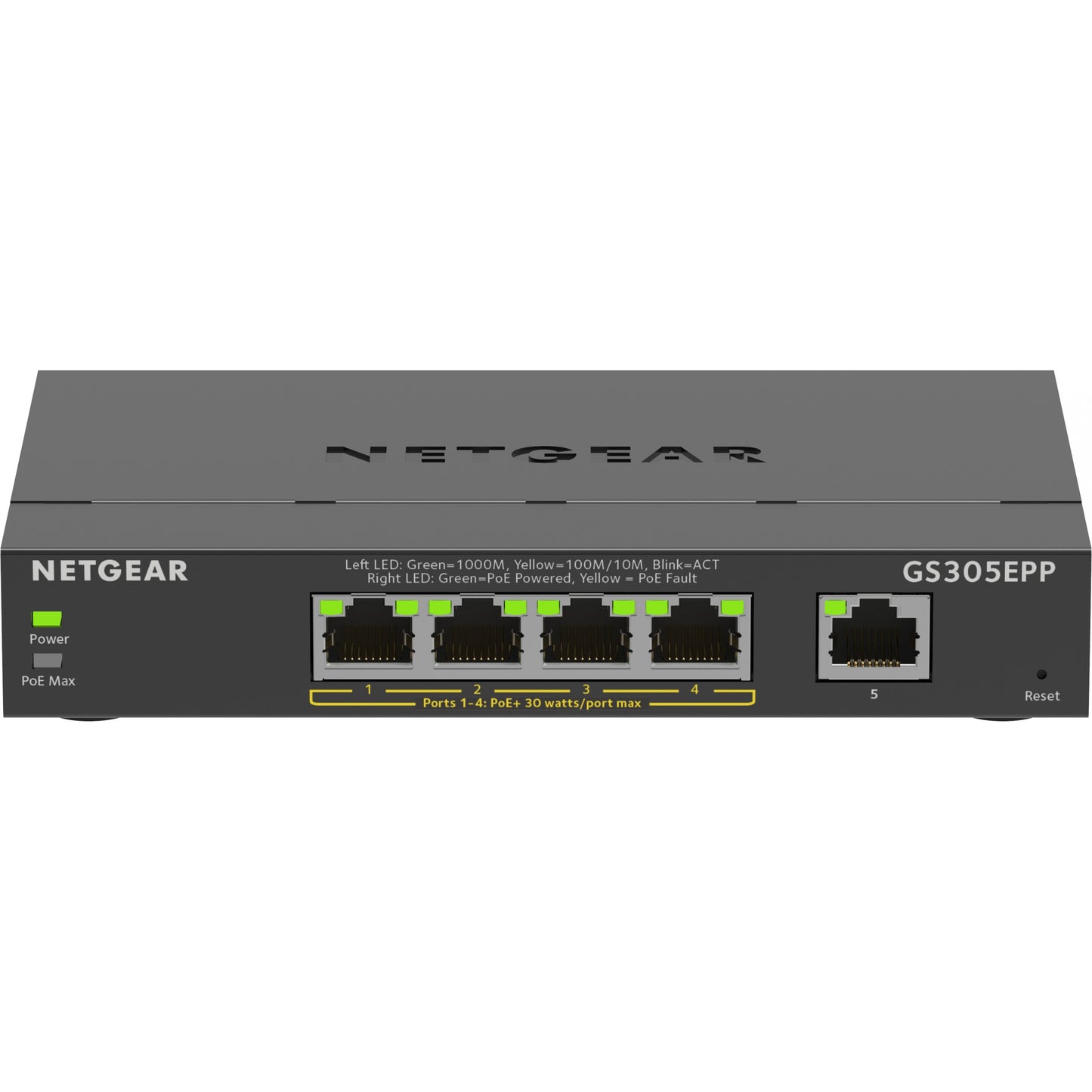 NETGEAR 5-portni gigabitni Ethernet High-Power PoE+ Plus preklopnik (GS305EPP). Upravljani. L2/L3. Gigabit Ethernet (10/100/1000). Potpuni dupleks. Napajanje preko Etherneta (PoE)