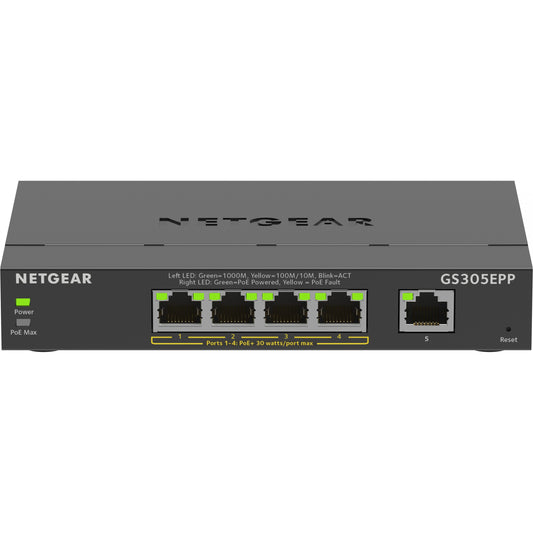 NETGEAR 5-portni gigabitni Ethernet High-Power PoE+ Plus preklopnik (GS305EPP). Upravljani. L2/L3. Gigabit Ethernet (10/100/1000). Potpuni dupleks. Napajanje preko Etherneta (PoE)