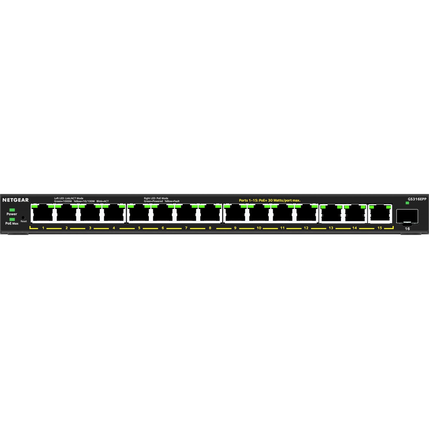 NETGEAR 16-portni PoE+ Gigabit Ethernet Plus prekidač velike snage (231W) sa 1 SFP portom (GS316EPP). Upravljani. Gigabit Ethernet (10/100/1000). Potpuni dupleks. Napajanje preko Etherneta (PoE)