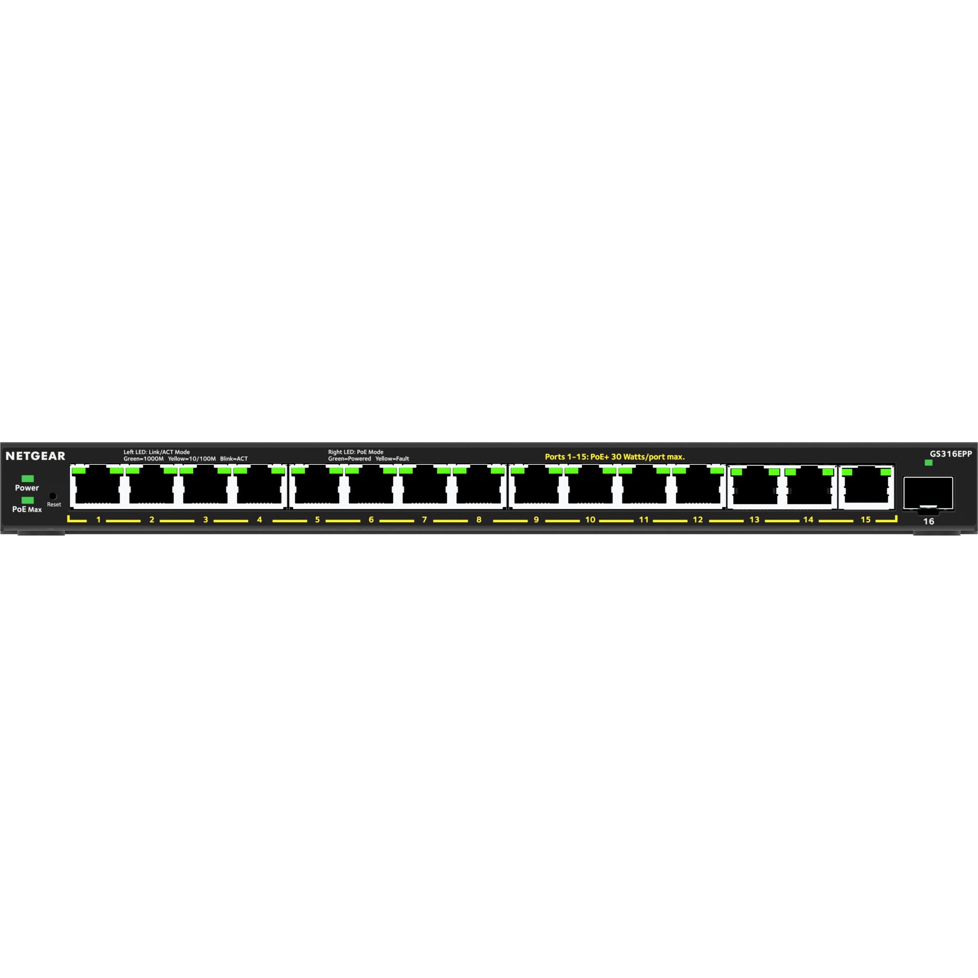 NETGEAR 16-portni PoE+ Gigabit Ethernet Plus prekidač velike snage (231W) sa 1 SFP portom (GS316EPP). Upravljani. Gigabit Ethernet (10/100/1000). Potpuni dupleks. Napajanje preko Etherneta (PoE)