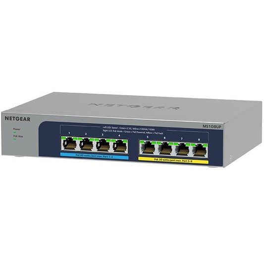 NETGEAR MS108UP. Neupravljani. 2.5G Ethernet (100/1000/2500). Puni dupleks. Napajanje preko Etherneta (PoE). Montaža na zid