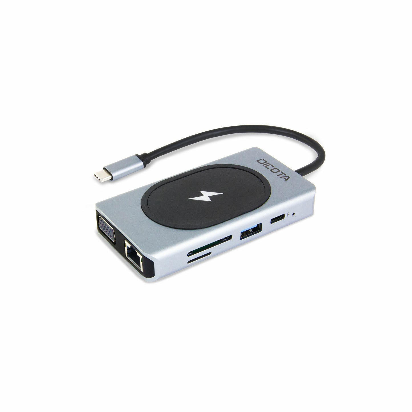 DICOTA D32059. USB Tip-C HDMI. RJ-45. USB 4 Tip-A. USB Tip-C VGA. MicroSD (TransFlash). SD. Crna. Srebrna. Aluminijum. 100W