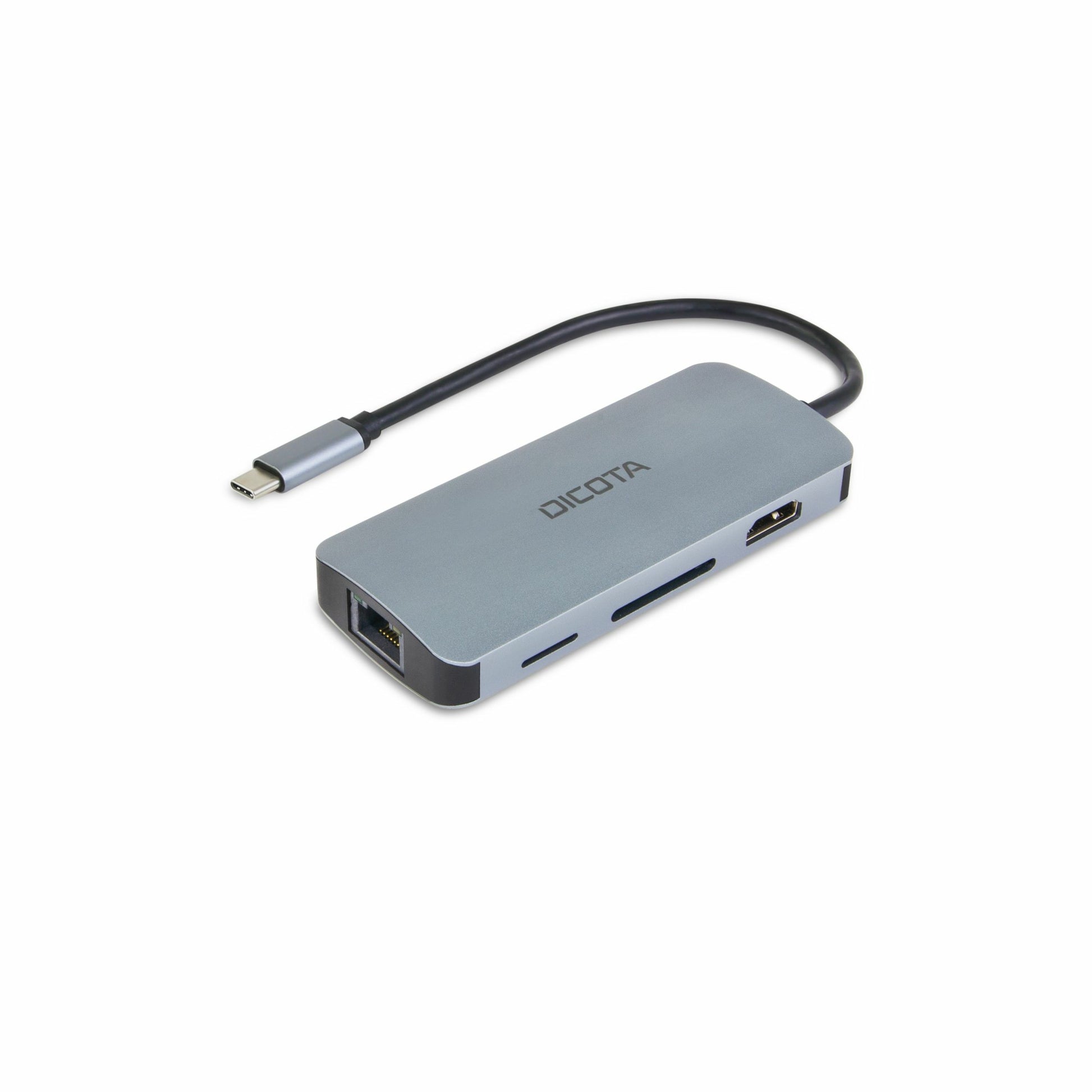 DICOTA D32062. USB Tip-C HDMI. RJ-45. USB 4 Tip-A. USB Tip-C MicroSD (TransFlash). SD. Srebrni. Aluminijum. 100W