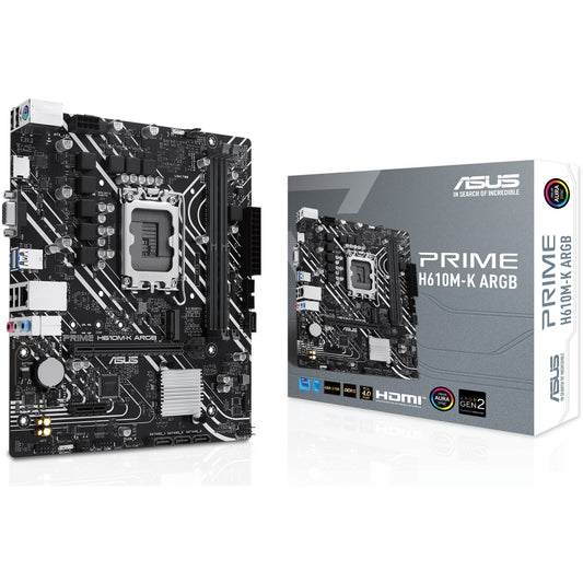 ASUS PRIME H610M-K ARGB. Intel. LGA 1700. Intel® Celeron®. Intel® Core™ i3. Intel® Core™ i5. Intel® Core™ i7. Intel® Core™ i9..... DDR5 SDRAM. 96 GB. DIMM