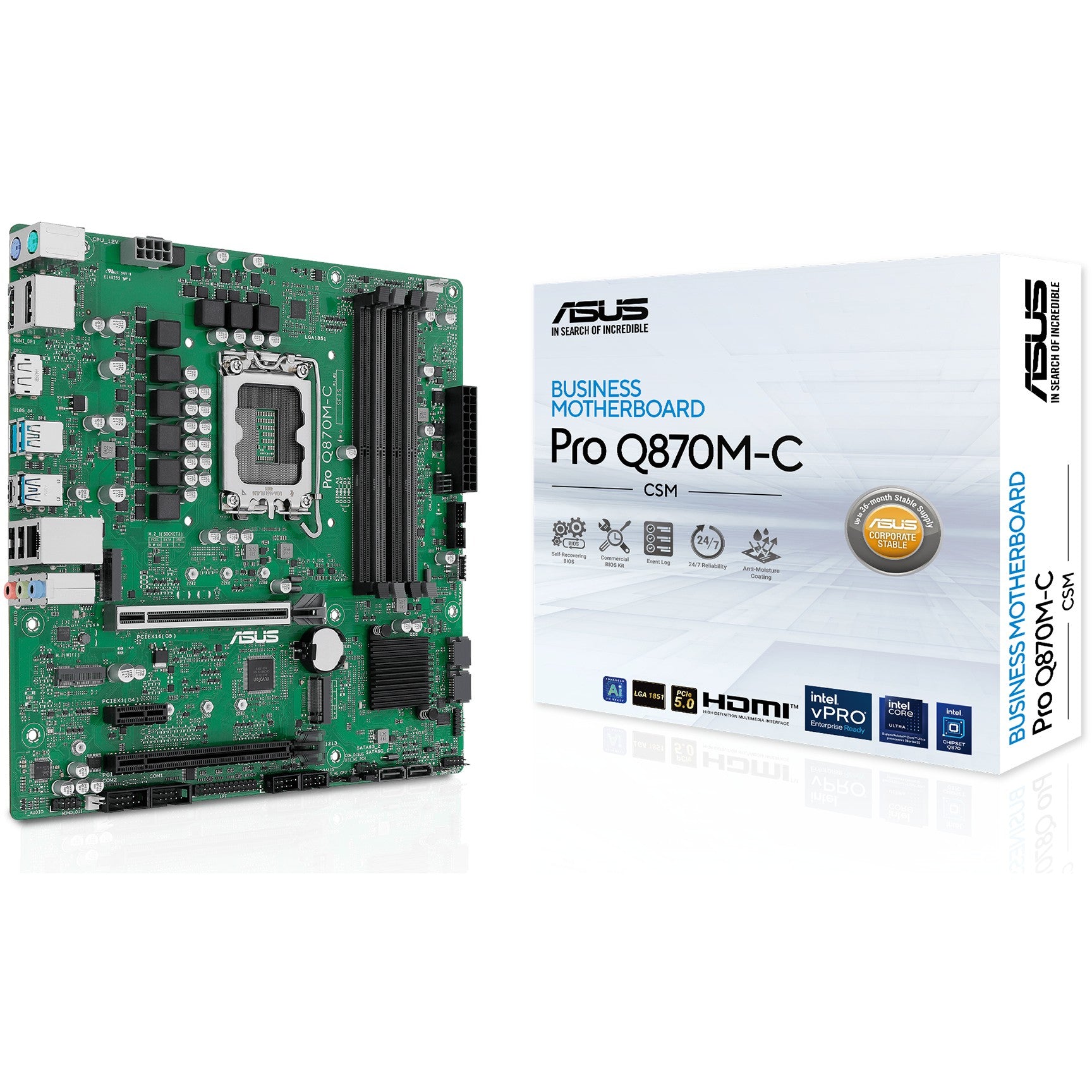 ASUS PRO Q870M-C-CSM. Intel. LGA 1851 (Socket V1). Intel Core Ultra (Serija 2). DDR5 SDRAM. 256GB. DIMM
