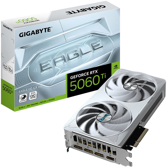 GIGABYTE GeForce RTX 5060 Ti EAGLE OC ICE 8G Grafička kartica – 8 GB GDDR7. 128-bit. PCI-E 5.0. Frekvencija jezgra 2617 MHz. 3 x DisplayPort. 1 x HDMI. GV-N506TEAGLEOC ICE-8GD. GeForce RTX 5060 Ti. 8 GB. GDDR7. 128-bit. 7680 x 4320 piksela. PCI Express x8 5.0