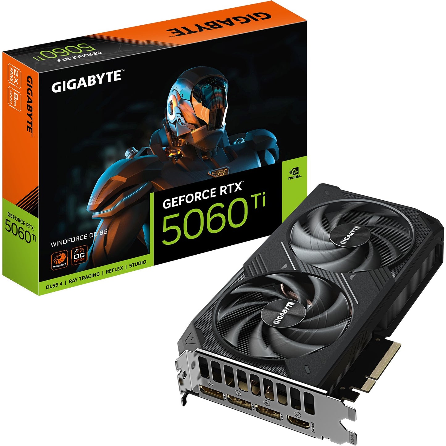 GIGABYTE GeForce RTX 5060 Ti WINDFORCE OC 8G Grafička kartica – 8 GB GDDR7. 128-bit. PCI-E 5.0. Frekvencija jezgra 2587 MHz. 3 x DisplayPort. 1 x HDMI. GV-N506TWF2OC-8GD. GeForce RTX 5060 Ti. 8 GB. GDDR7. 128-bit. 7680 x 4320 piksela. PCI Express x8 5.0
