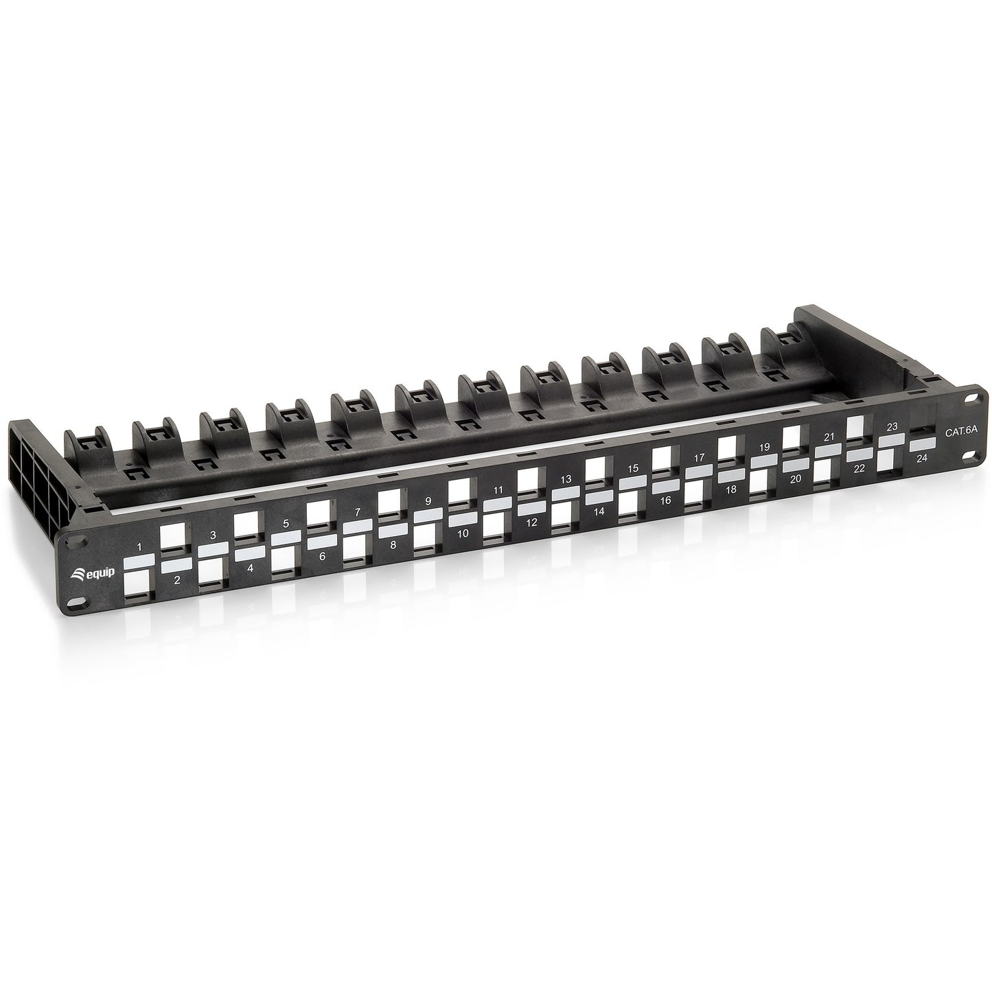 Equip 24-portni Keystone Cat.6A neoklopljeni patch panel. Crna. Cat6a. Crna. Fiberglas. Polikarbonat. Montaža u rack. 1U. Usklađeno sa RoHS standardom.