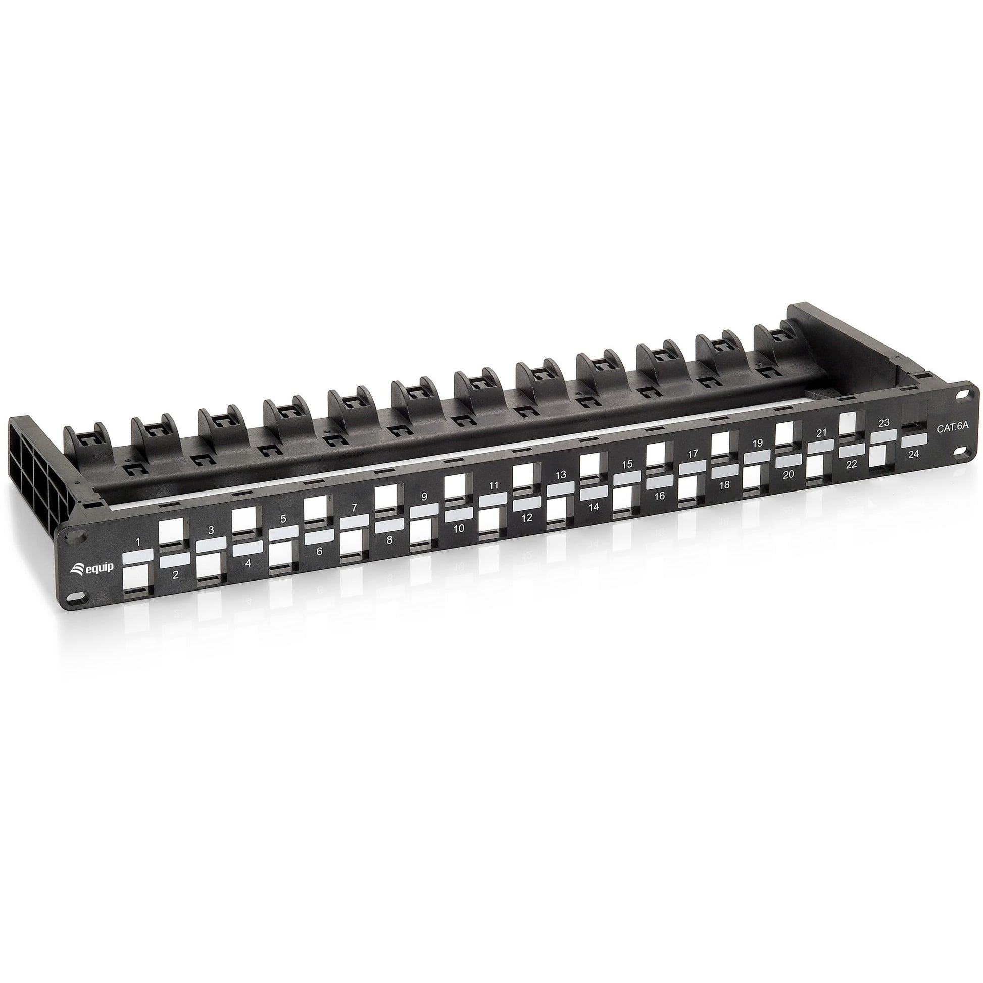 Equip 24-portni Keystone Cat.6A neoklopljeni patch panel. Crna. Cat6a. Crna. Fiberglas. Polikarbonat. Montaža u rack. 1U. Usklađeno sa RoHS standardom.