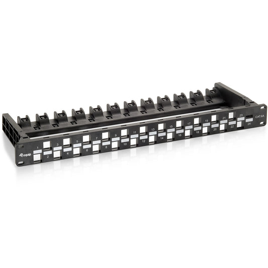 Equip 24-portni Keystone Cat.6A neoklopljeni patch panel. Crna. Cat6a. Crna. Fiberglas. Polikarbonat. Montaža u rack. 1U. Usklađeno sa RoHS standardom.