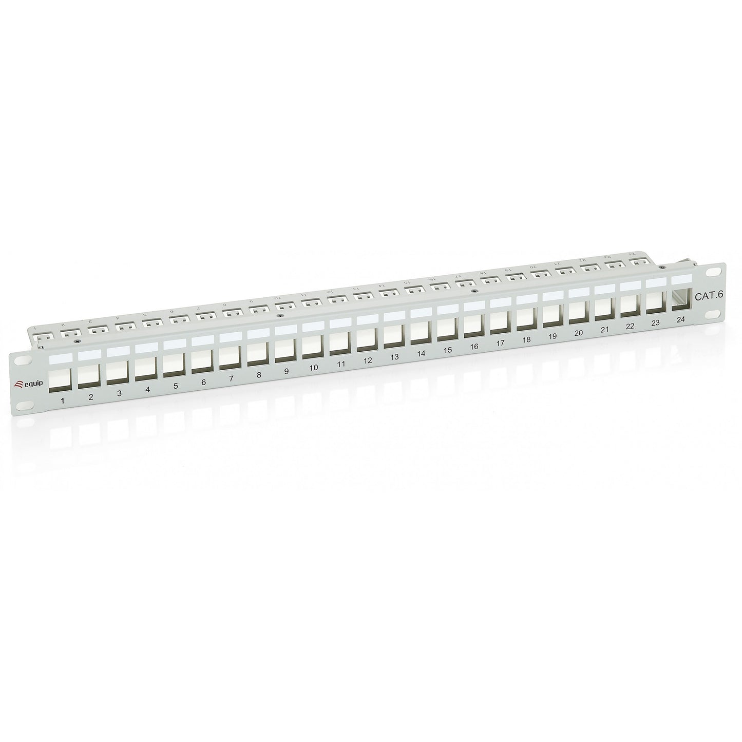 Equip 24-portni Keystone Cat.6 zaštićeni patch panel. Svijetlo siva. RJ-45. Cat6. Siva. Metalni. Montaža u rack. 1U
