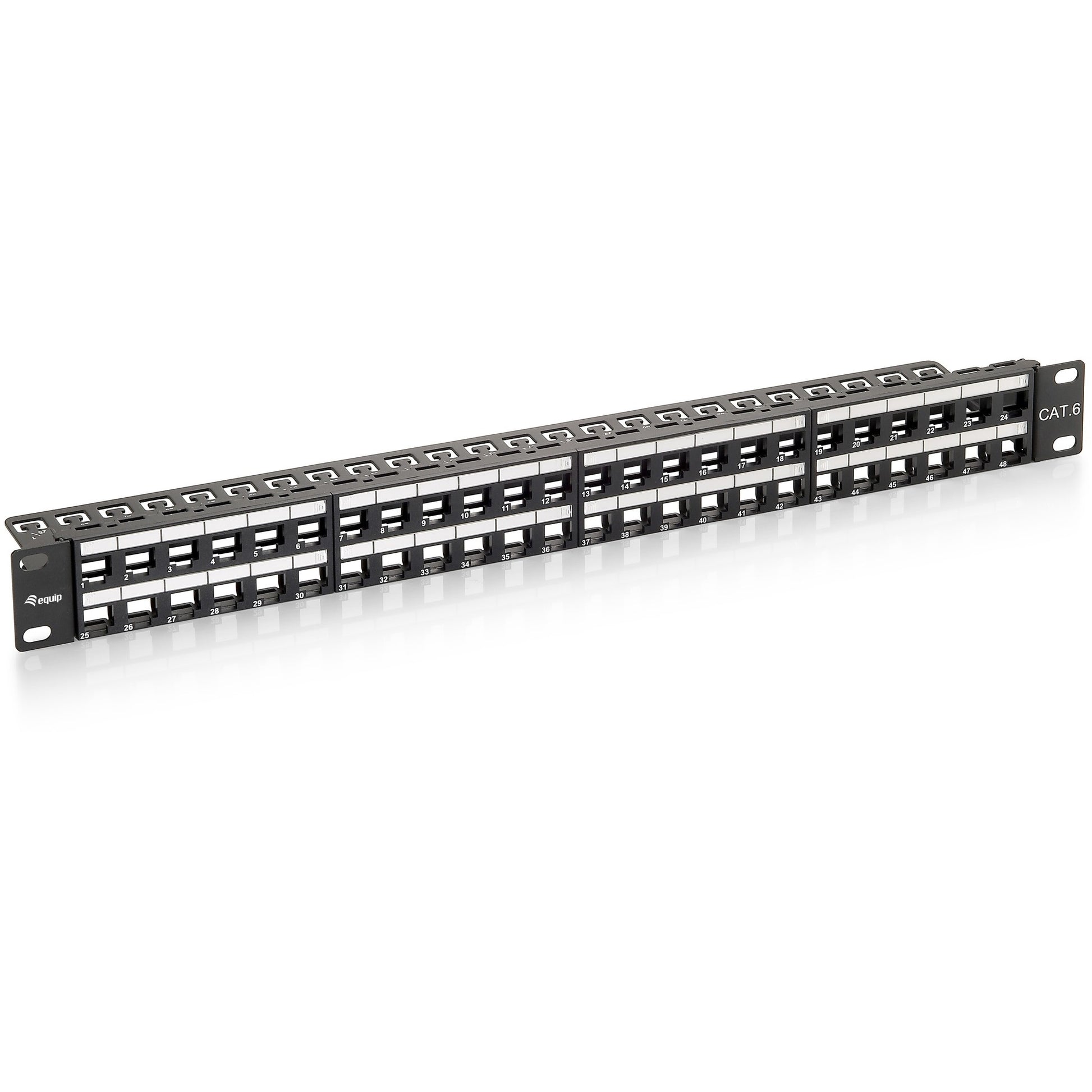 Equip 48-portni Keystone Cat.6 neoklopljeni patch panel. Crna. Cat6. Crna. Montaža u rack. 1U. 44 mm. 483 mm